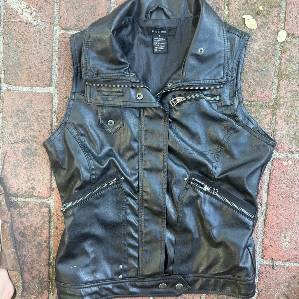 paper tee Black Faux Leather Moto Vest with Zipper Pockets